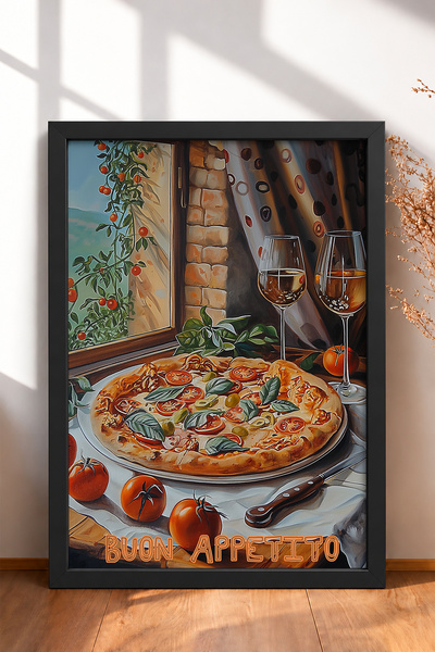 HOMEPACK Buon Appetito Written Pizza and White Wine Framed Painting Italy Pos...