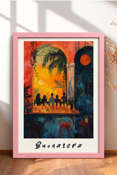 HOMEPACK Buonasera Written Sunset Bar Framed Painting Italy Poster Living Roo...