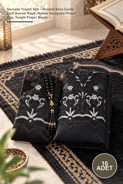 Yenilig 10-Piece Prayer Rug and Rosary Set – Elegant Presentation in a Lace P...