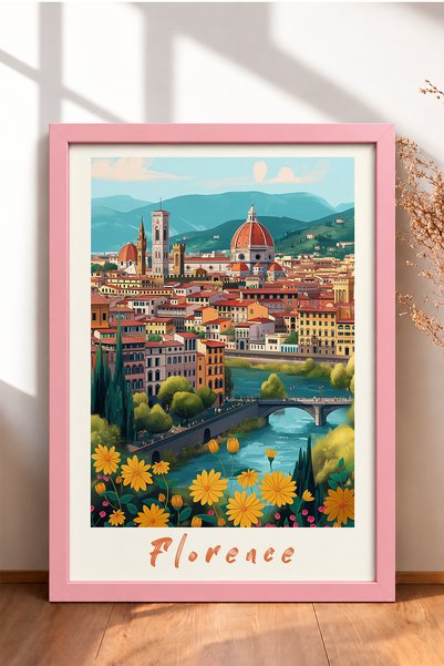 HOMEPACK Florence Cityscape and Yellow Flowers Framed Painting Italy Poster W...