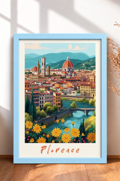 HOMEPACK Gradski pejzaž Firence i žuti cvetovi uokvirena slika Italija poster...