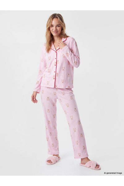 LC Waikiki Ozmarka New Season Pink Teddy Bear Printed Women's Pajama Set