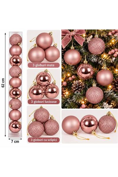 Generic Brand Set 9 globuri decorative de Craciun, 3 cu sclipici, 3 mate, 3 l...