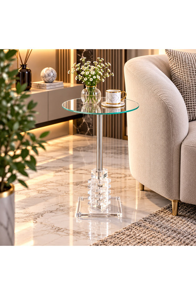 NO BRAND Round Glass Service Table with Silver Legs and Acrylic Base – 35X35X...