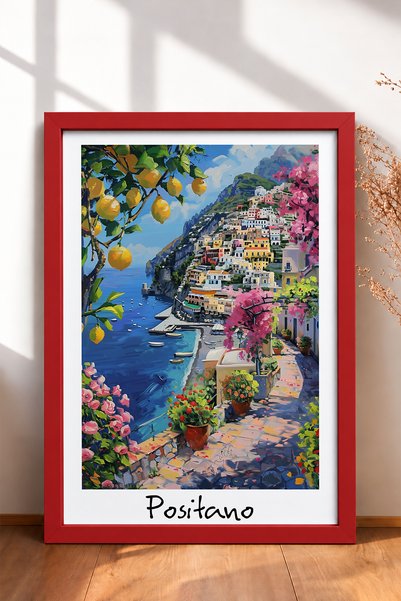 HOMEPACK Tablou înrămat Positano cu Bougainvillea și lămâie, poster Italia, d...