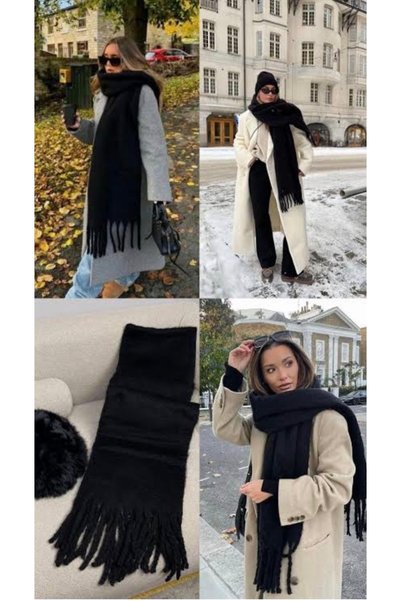 AychaAksesuar Black Plush Tasseled Pinterest Shawl Scarf