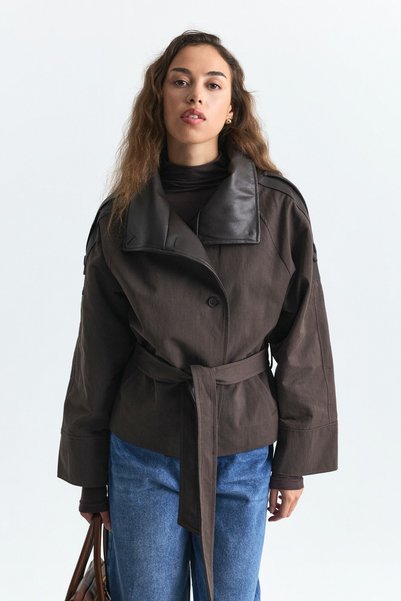Antioch Faux Leather Collared Short Trench Coat
