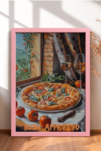 HOMEPACK Buon Appetito Written Pizza and White Wine Framed Painting Italy Pos...
