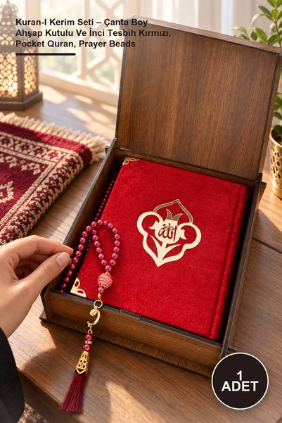 Yenilig 1 Adet Kuran-I Kerim Seti – Çanta Boy Ahşap Kutulu Ve İnci Tesbih Kırmızı, Pocket Quran, Prayer Beads