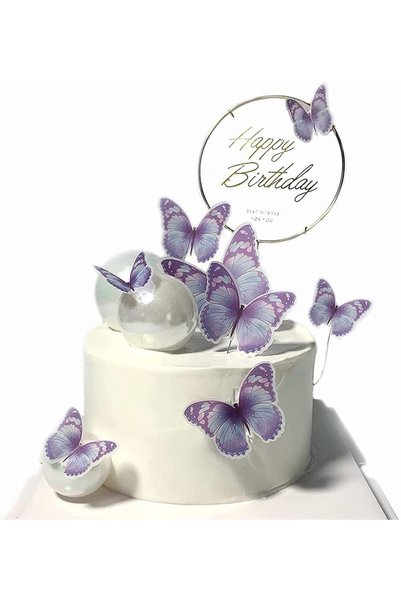 Generic 11 Pieces Bule Purple Butterfly Cake Toppers Happy Birthday Metal Gol...