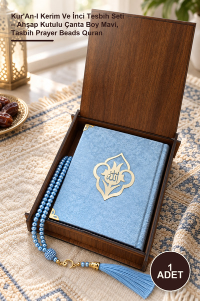 Yenilig 1 Adet Kur'An-I Kerim Ve İnci Tesbih Seti – Ahşap Kutulu Çanta Boy Mavi, Tasbih Prayer Beads Quran