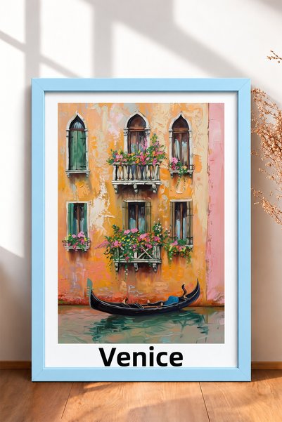 HOMEPACK Venice Floral Balcony and Gondola Framed Painting Italy Poster Livin...