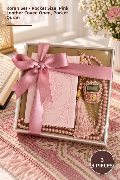 Yenilig Set de 3 Coran-i Kerim - Acoperire din piele termo de buzunar roz des...