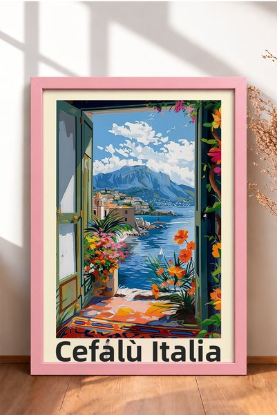 HOMEPACK Cefalù Ιταλία: Πίνακας με θέα από ανοιχτό παράθυρο, πλαίσιο, αφίσα τ...