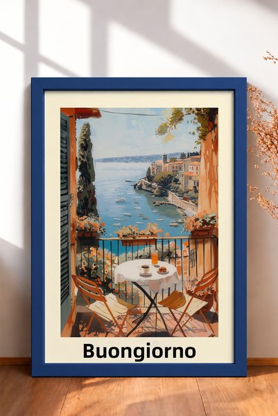 HOMEPACK Buongiorno Floral Balcony Breakfast Framed Painting Italy Poster Liv...