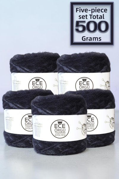 Ece Örgü Tasarım Atölyesi Gray Flame-Patterned, Double-Strand Navy Blue Angor...