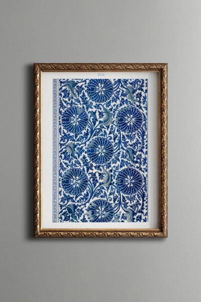 epiqart نقشة زهور صينية باللون الأزرق - لوحة فنية بنقشة عتيقة - تصميم أنيق.