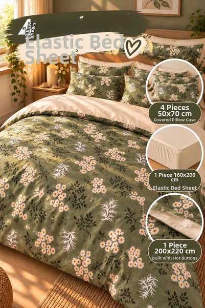 liefhome طقم غطاء لحاف مزدوج 200×220 سم |   4 أغطية وسائد |   ملاءة سرير مطاط...
