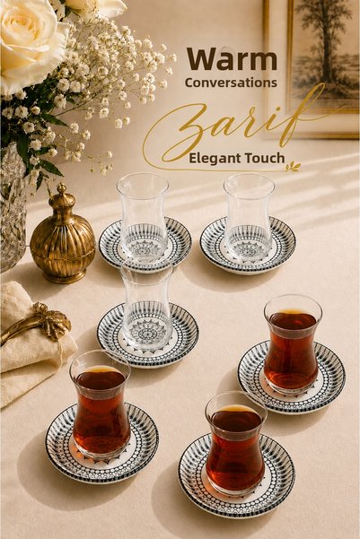 ZURİ DESİGN 12-Piece Set of Glass Tea Cups for 6 People and Porcelain Tea Sau...