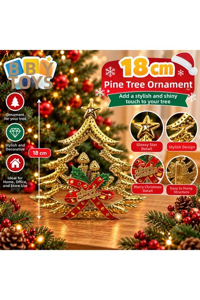 BBYTOYS 18 cm Gold Christmas Tree Ornament with Figure – Star-Shaped, with a Red Ribbon, and "Merry Christmas" Inscription