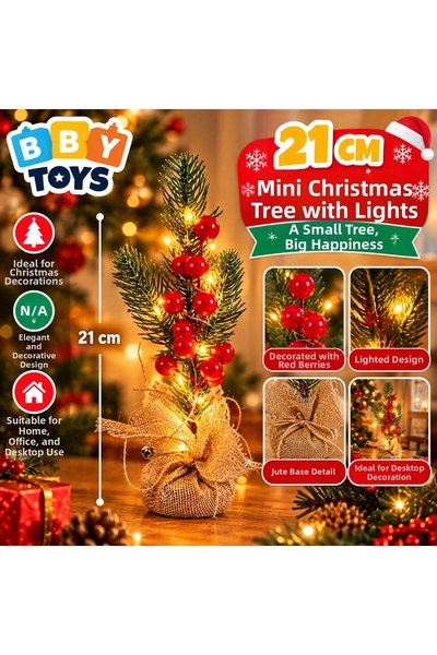 BBYTOYS 21 cm Mini Christmas Tree with Cherry Lights – Decorated with Red Ber...