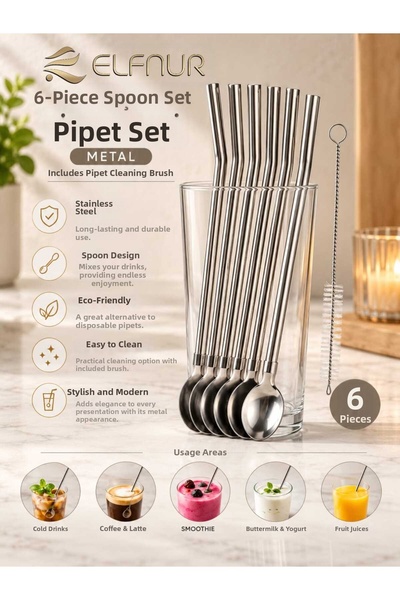 elfnur Set of 6 Stainless Steel Metal Straws with Spoons—Includes 6 Straws an...