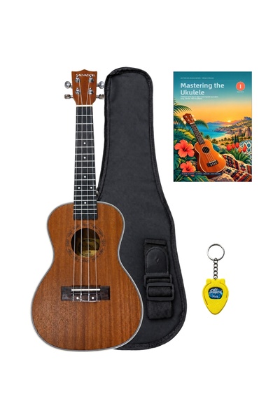 SALVADOR SET DE UKULELE DE CONCERT YA-001 DIN LEMN DE MAUN (CU HUSĂ, CUREA, M...