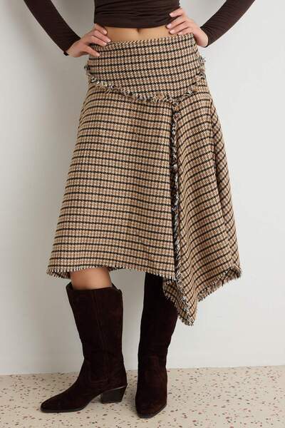 Trendyol Collection Brown Plaid Midi Asymmetrical Skirt