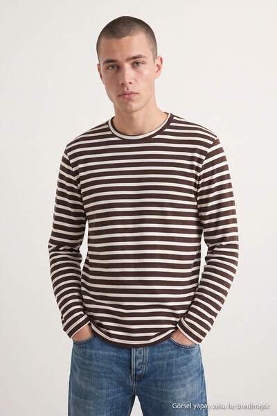 Trendyol Collection Brown Regular Fit Striped Knitted T-Shirt Tmnaw27Ts00015