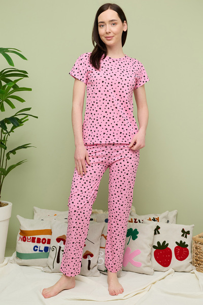 Fulla Moda Herzgemustertes Kurzarm-Pyjama-Set mit Rundhalsausschnitt