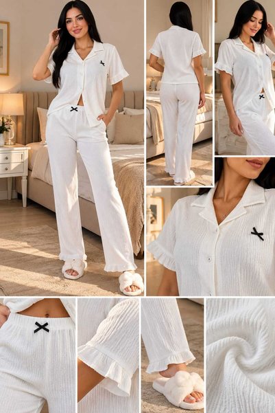Ay Kadin bürümcük Kumaş Kollu Gecelik Beyaz Dügmelı Pijama Takımı