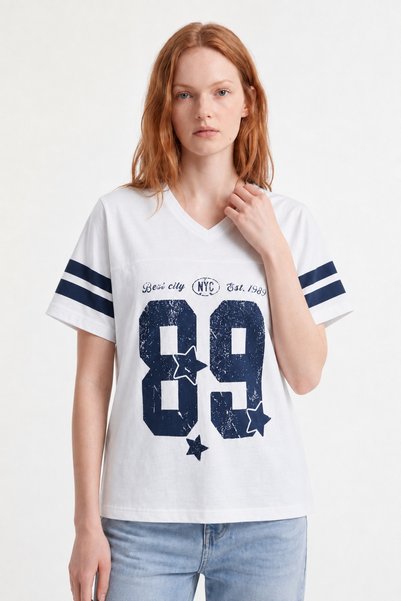 HAKKE V-Neck College Printed Comfortable Fit T-Shirt