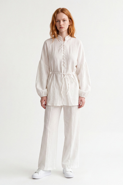 HAKKE Double Suit with Front Buttons and Belted Waist