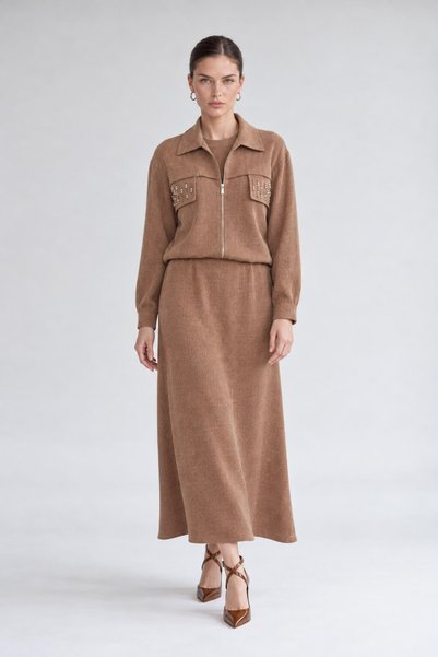 Levidor Stone Detailed Zippered Jacket Set Camel