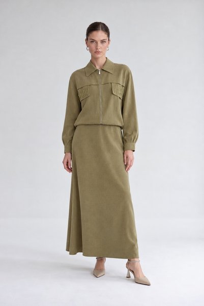 Levidor Stone Detailed Zippered Jacket Set Khaki
