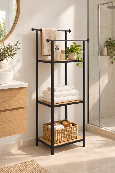 Tobi 3 Raflı Banyo Organizeri Havluluk Bornoz Askılı Ahşap Raflı Düzenleyici