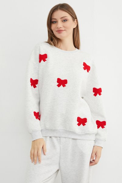 Fulla Moda 3 Thread Bow Embroidered Oversize Sweatshirt
