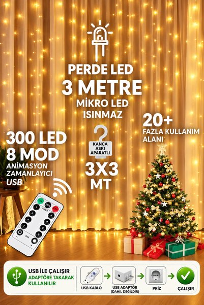nextbuy 300 Ledli 10 Sarkıt Perde Led Işık-8 Fonksiyon, Uzaktan Kumandalı, 3x...