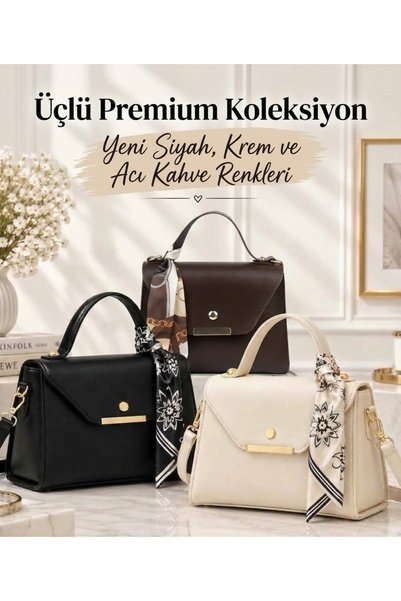 Arvelia Siyah, Krem, Acı Kahve 3’ lü Paket Suni Deri Fular Detaylı El Ve Omuz...