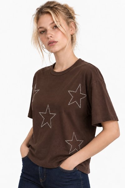 HAKKE Star Printed Crop T-Shirt with Foil and Stone Detail