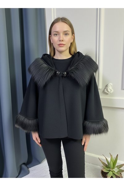 Nöşre Design Black Collar and Sleeve Fur Detail Soft Textured Fleece Short Mo...
