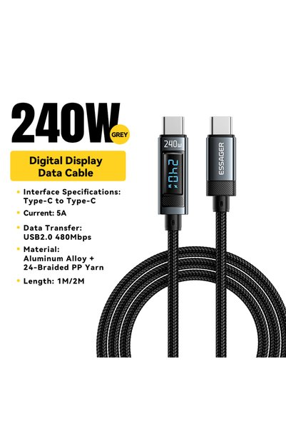 Choice كابل إيساجر رمادي بطول 1 متر بقدرة 240 واط، كابل إيساجر USB من النوع C...
