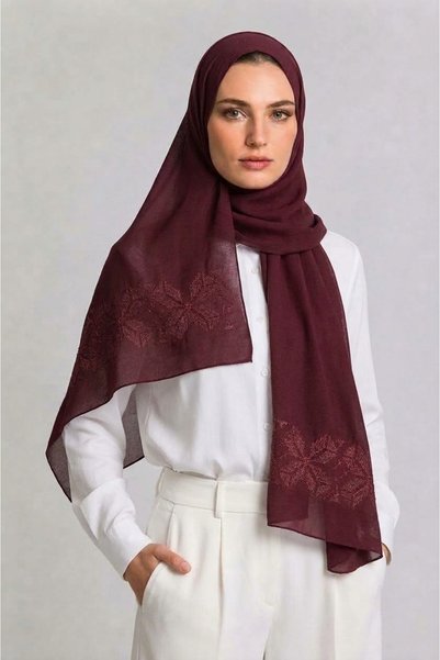 Veil Designer طرحه بوال برغندي بتطريز الكنفاه علي الطرفين قماش ياباني 190*60