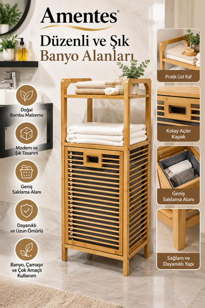 Cherry Collection Bambu Dikey Çamaşır Sepeti Raflı Çamaşır Sepeti 40x30x95 Cm