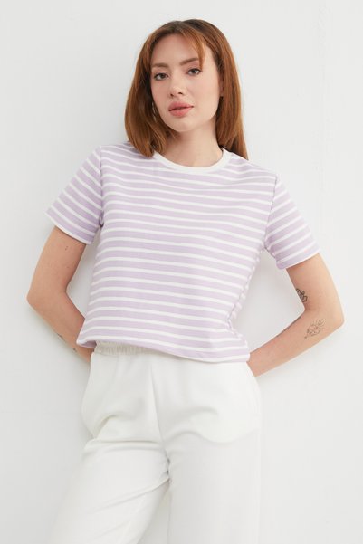 Fulla Moda Striped Crew Neck Transitional Crop T-Shirt