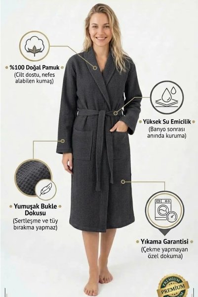 embays collection %100 Pamuk Waffle Pike Bornoz Unisex Yazlık İnce Sabahlık H...