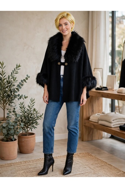 Nöşre Design Black Fur Detailed Collar and Sleeves, Soft Textured Fleece Ponc...
