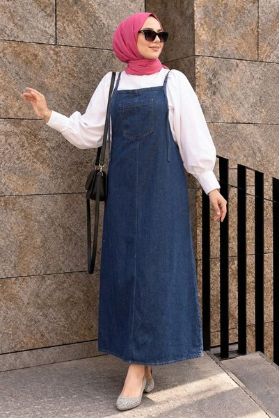 N.S NEVA STYLE Navy Blue Hijab Jeans Salopet Dress 19014L