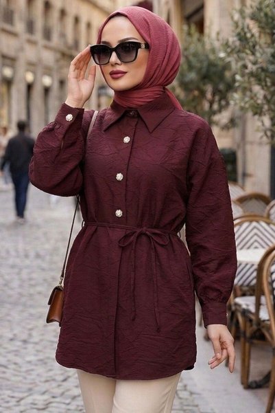 N.S NEVA STYLE قماش جاكار تونيك حجابي باللون الأحمر الداكن 5335KBR