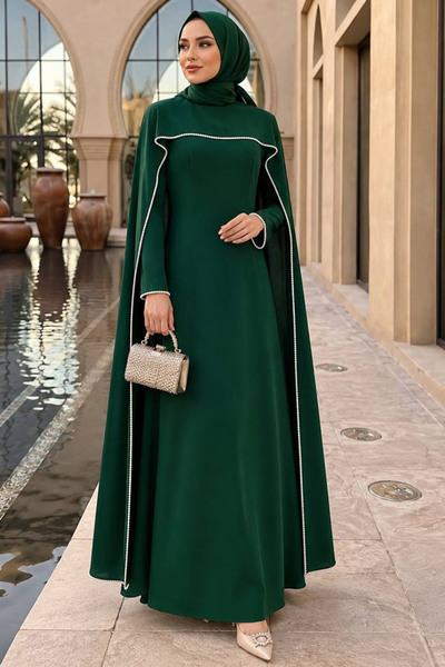 N.S NEVA STYLE فستان سهرة إسلامي أخضر مع عباءة 55481Y